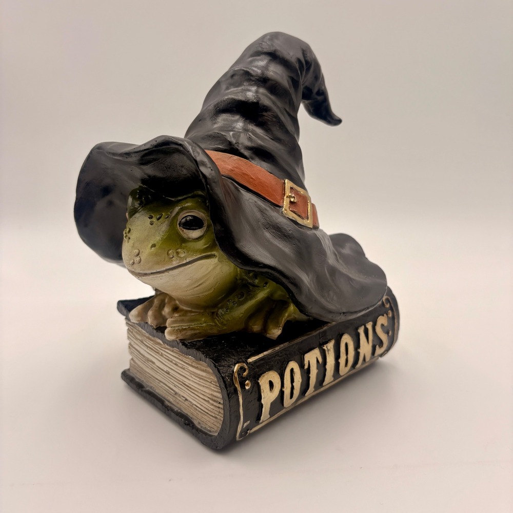Halloween Frog Witch Figurine Potions Book Resin Decor Green Black